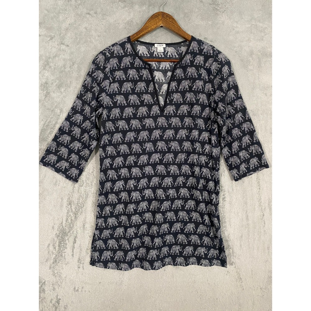 J.Crew Tunic Sz S Navy Blue Elephant Print Split Neck 3/4 Sleeve Guaze Cotton